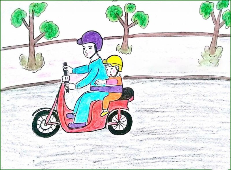 tranh vẽ đội mũ xinh bảo vệ chúng mình mẹ và bé cùng ngồi trên xe máy