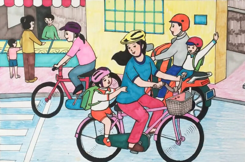 vẽ tranh đội mũ xinh bảo vệ chúng mình an toàn giao thông khi 2 mẹ con ngồi trên xe đạp